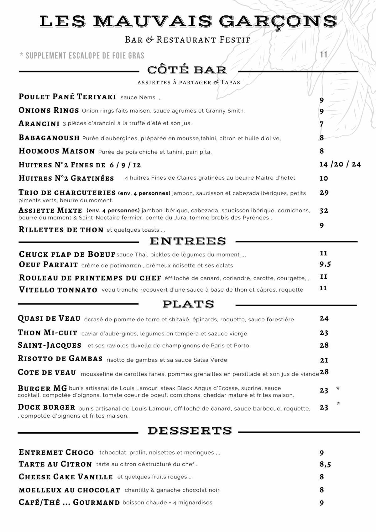 Menu Restaurant Les Mauvais Garçons